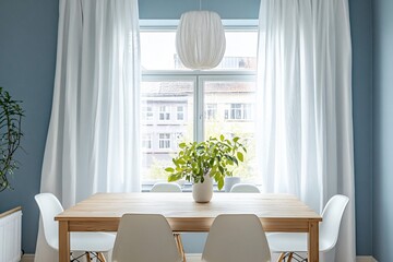 Dining room with wooden table white chairs and curtains against a blue wall.