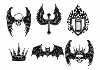 Fototapeta premium Gothic skull emblem set featuring wings, shields, and crowns in dark monochrome vector design for tattoo and fantasy art themes