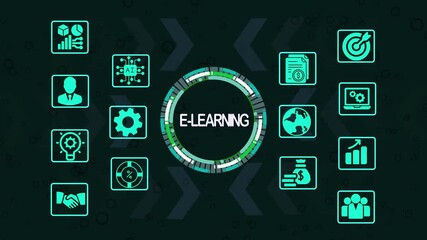 E-learning concept with glowing digital icons and futuristic HUD elements on blue background, symbolizing online education, training, and modern technology - Powered by Adobe