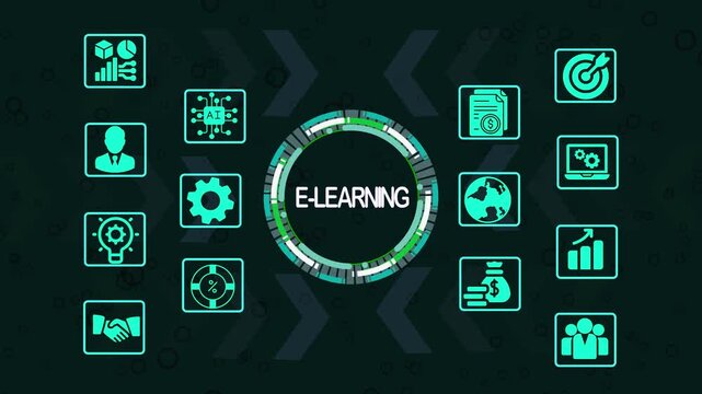 E-learning concept with glowing digital icons and futuristic HUD elements on blue background, symbolizing online education, training, and modern technology - Powered by Adobe