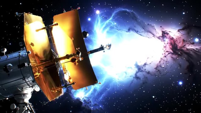 Futuristic space probe with golden solar panels slowly moving past a vibrant cosmic nebula