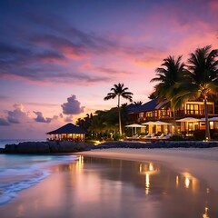 Fototapeta premium A luxurious tropical beachfront resort at twilight