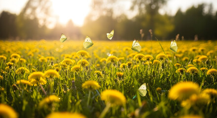 Fototapeta premium Sunlit field of dandelions with glowing seed heads and warm backlight, close low-angle meadow scene in golden hour