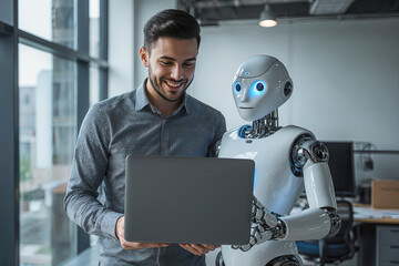 Man and AI humanoid robot work together and collaborating while looking at a laptop, symbolizing AI technology to help job