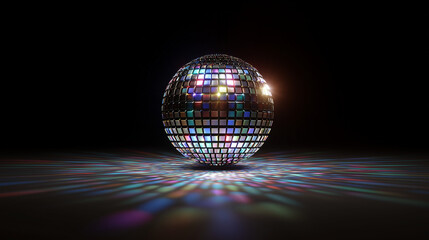 glowing disco ball with neon reflections, retro dance party object, vibrant nightlife illustration for music events, club design, and 80s themed artwork
