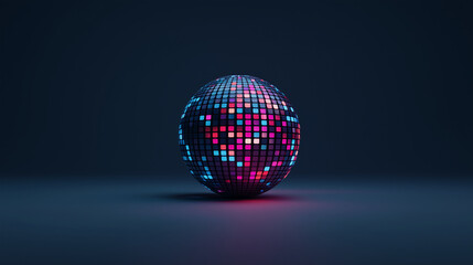 glowing disco ball with neon reflections, retro dance party object, vibrant nightlife illustration for music events, club design, and 80s themed artwork