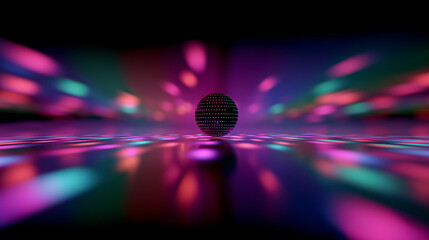 glowing disco ball with neon reflections, retro dance party object, vibrant nightlife illustration for music events, club design, and 80s themed artwork
