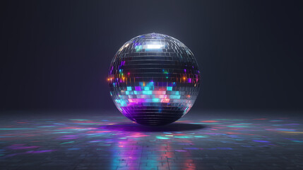 glowing disco ball with neon reflections, retro dance party object, vibrant nightlife illustration for music events, club design, and 80s themed artwork