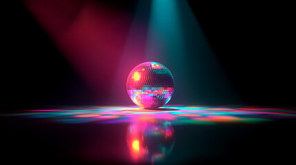 glowing disco ball with neon reflections, retro dance party object, vibrant nightlife illustration for music events, club design, and 80s themed artwork