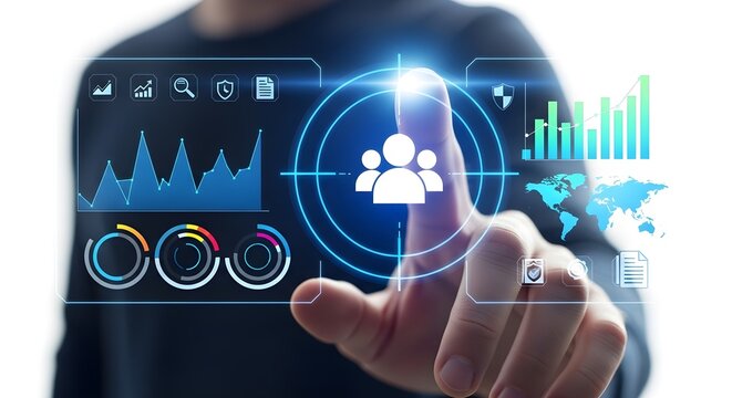 Person interacting with futuristic digital interface and data visualization for business analytics - Powered by Adobe