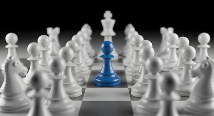 A single blue chess pawn standing out from the crowd of white pawns