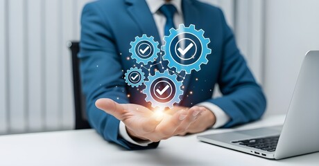 Businessman holding a gear system with check marks, for quality control and success.