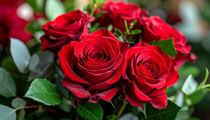Obraz premium Bouquet of red roses with greenery, detailed textures of petals and leaves. Elegance and vibrant