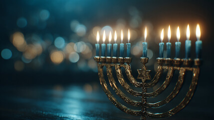 A hanukkah menorah with nine blue candles lit against a blurred background of lights