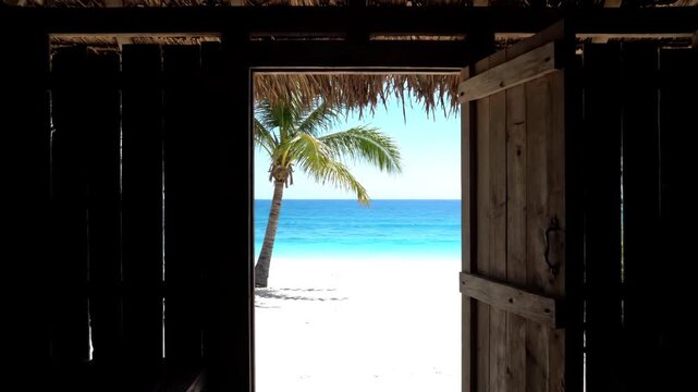 Slow zoom from a dark wooden beach hut through an open door to a sunny tropical paradise with a palm tree and turquoise ocean