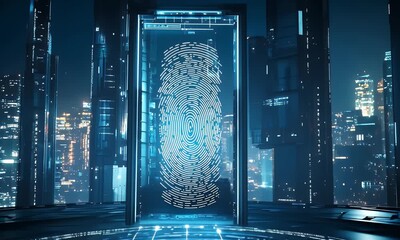 Futuristic Digital Gateway with Biometric Fingerprint Scanner in a High-Tech Cityscape - Powered by Adobe