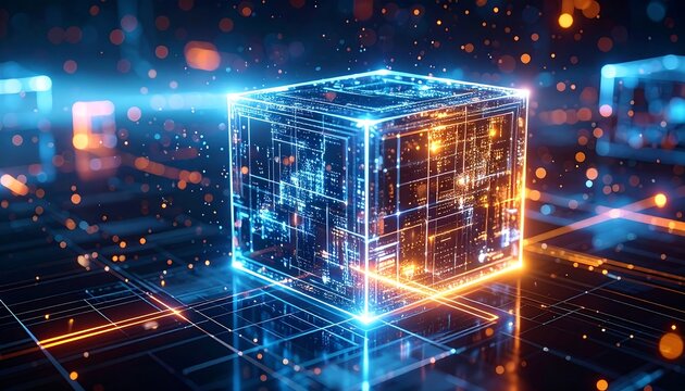 Glowing digital cube floats amidst sparkling circuitry, with blue and orange lights, representing data and interconnected systems