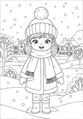 Winter Wonderland A Charming Coloring Page Featuring a Girl in Winter Attire, Ready for Creativity