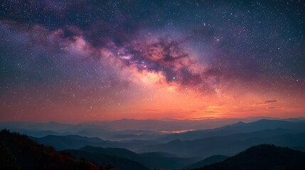 Fototapeta premium Breathtaking, long-exposure night sky photograph showing the vibrant purple and pink hues of the Milky Way galaxy above a dark mountain silhouette.