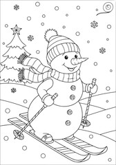 Cheerful Snowman Skiing Adventure Fun Winter Coloring Page for Kids and Adults to Enjoy