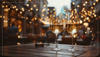 Two Wine Glasses with Pale Golden Wine on Rustic Wooden Table at Night