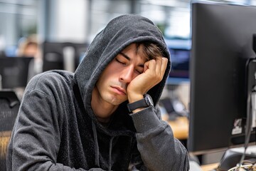 Young man student sleeping in front of computer monitor in office or university classroom. Tired and exhausted male employee or worker sleeping at desk.
