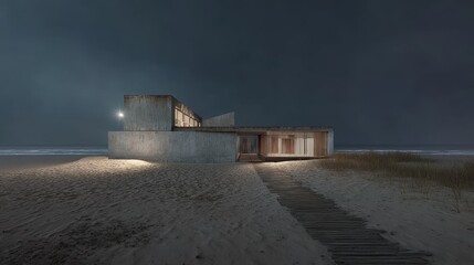 Modern minimalist house on sandy beach at night with illuminated exterior and wooden walkway