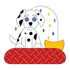 A cartoon Dalmatian puppy with blue eyes sits on a red mat.
