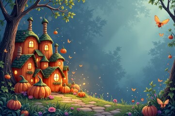 Enchanted pumpkin house in mystical forest with glowing butterflies