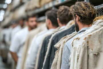 Vintage Clothes in Warehouse with Workers
