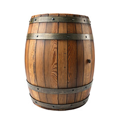 Obraz premium Traditional wooden barrel crafted for storing whiskey and wine with metal hoops on black background