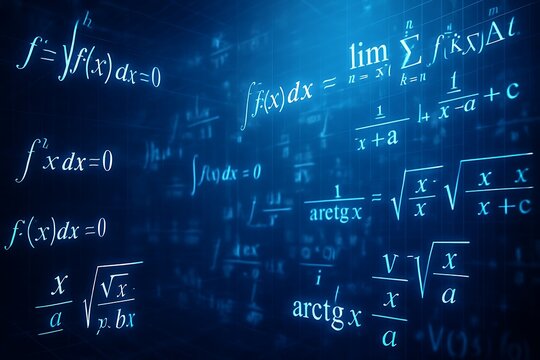 Abstract Mathematical Formulas and Scientific Equations on Futuristic Digital Blue Background. - Powered by Adobe