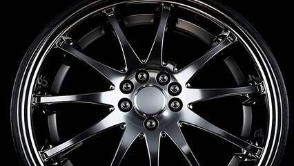 Obraz premium Shiny metallic wheel rim with intricate geometric design, reflecting studio lighting.