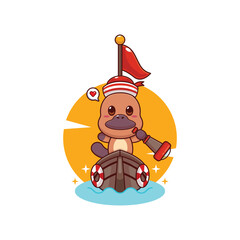 Cute platypus mascot cartoon character illustration on the boat.
