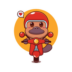 Cute platypus mascot cartoon character illustration ride on scooter