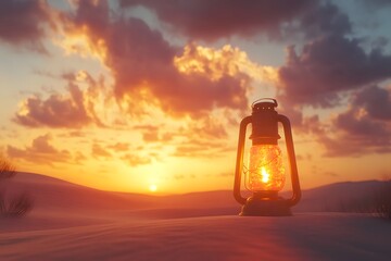 Lone Lantern in Desert Sand with Dim Light