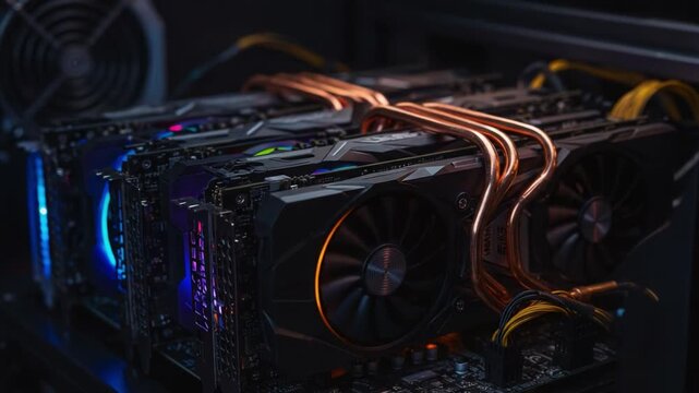 An Intricate Setup of High-Performance Graphics Cards Connecting with Copper Tubing Inside a Sophisticated Computer Hardware Arrangement