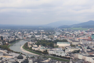 Obraz premium Top view of old town and Salzach river in Salzburg, cityscape, urban landscape, historic district