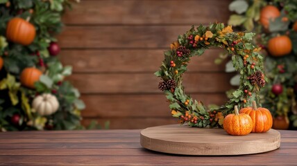Wooden podium with autumn wreaths and pumpkins, warm and rustic setting for a Thanksgiving product showcase