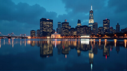 Obraz premium Reflective City: Twilight's Mirrored Glow