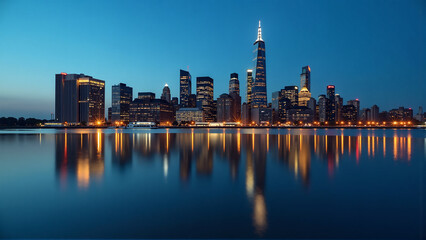 Obraz premium Reflective City: Twilight's Mirrored Glow