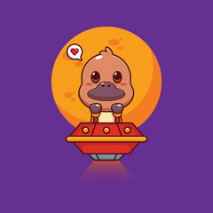 Cute platypus mascot cartoon character illustration fly with ufo