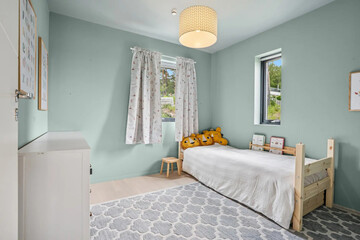 Modern luxury bedroom interior in minimal scandinavian style, 3d render