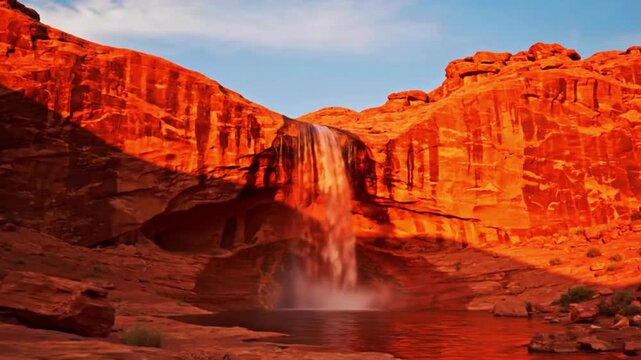 Sebuah air terjun oasis di tebing tandus cinematic 4K realistik, air jernih jatuh lembut berbatas batu merah, menghasilkan aerosol halus, cahaya fajar oranye soft, langit biru pucat dengan awan tipis