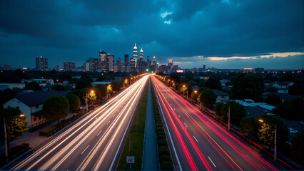 Obraz premium Majestic Metropolis: Streaks of Light Under a Cobalt Sky