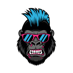 Cool gorilla head with blue mohawk, pink sunglasses, and piercings. Stylish punk design in vector line art, PNG transparent format, perfect for t-shirt, sticker, and poster.