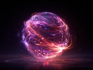 Glowing glass sphere with swirling colorful light trails, vibrant blue and pink hues, futuristic energy, abstract digital art, magical and dynamic atmosphere