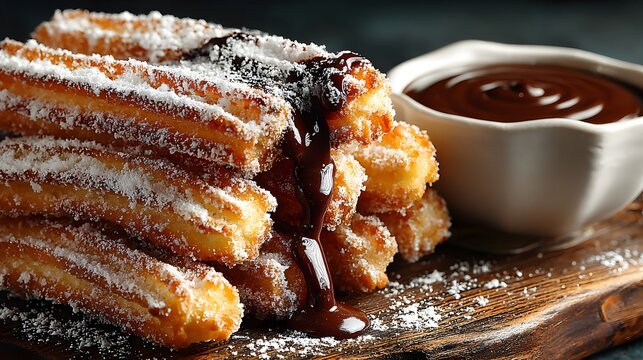 Delicious, close-up shot of golden-brown churros dusted with powdered sugar on a wooden board, next to a bowl of rich dark chocolate dipping sauce.