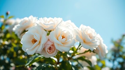 Fototapeta premium White roses in full bloom against a blue sky, bathed in soft sunlight with a floral focus.