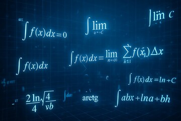 Glowing Mathematical Formulas and Equations on Futuristic Digital Blue Technology Background.